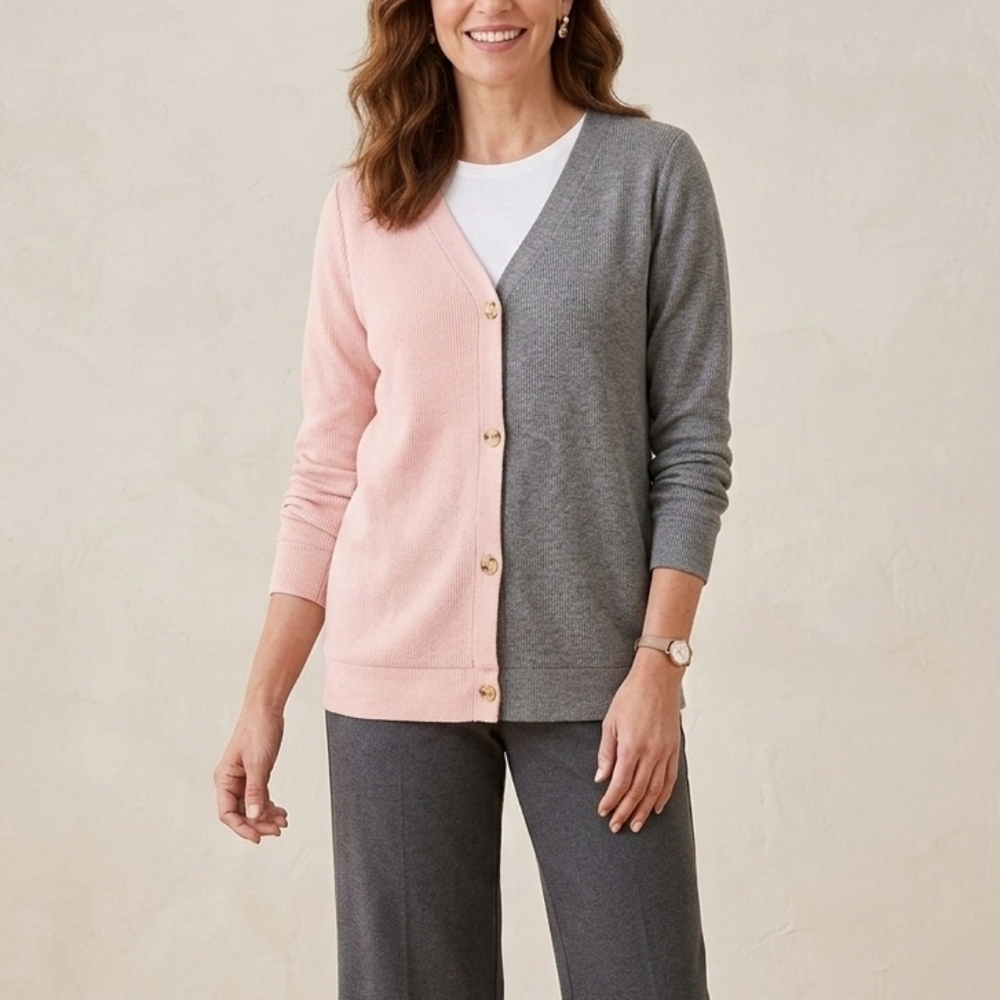 Belle by Kim Gravel French Terry Split Color Cardigan Button Misty Rose L NWOT